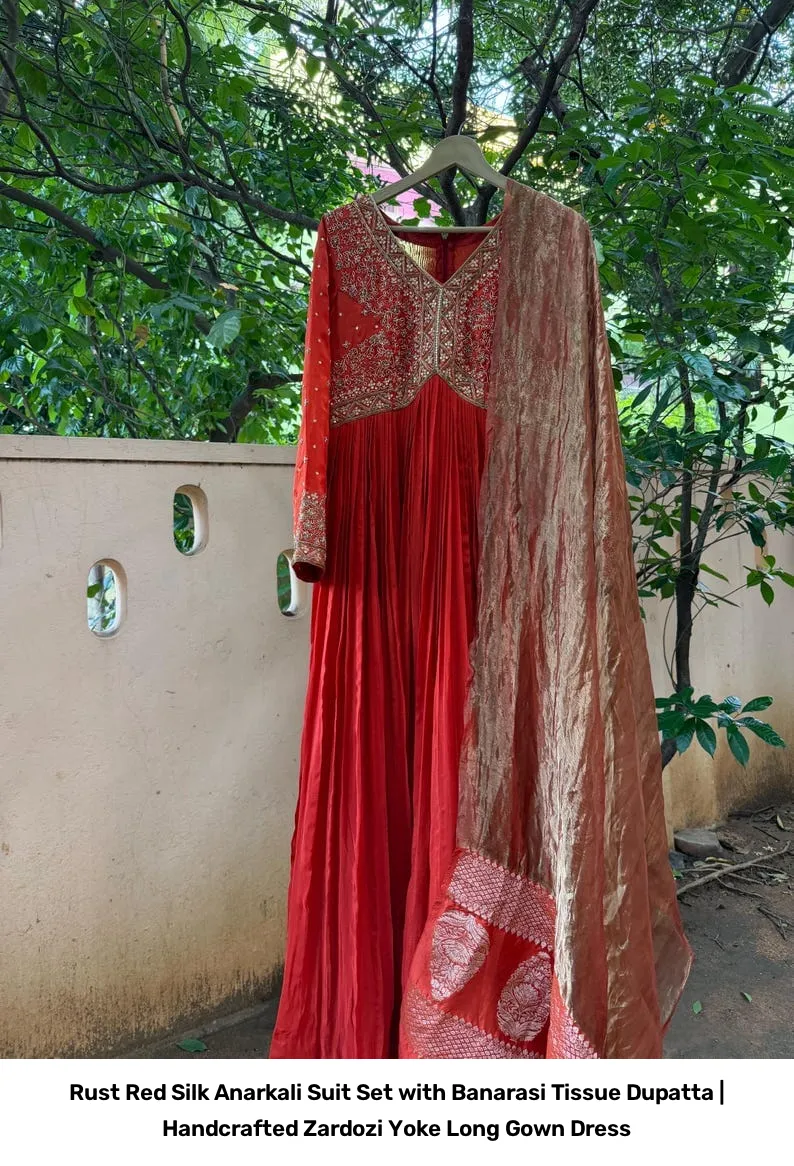Rust Red Silk Anarkali Suit Set with Banarasi Tissue Dupatta | Handcrafted Zardozi Yoke Long Gown Dress 2
