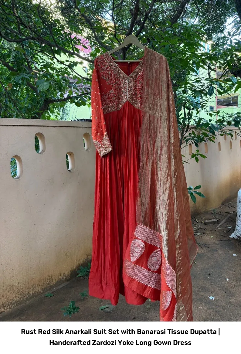 Rust Red Silk Anarkali Suit Set with Banarasi Tissue Dupatta | Handcrafted Zardozi Yoke Long Gown Dress 3