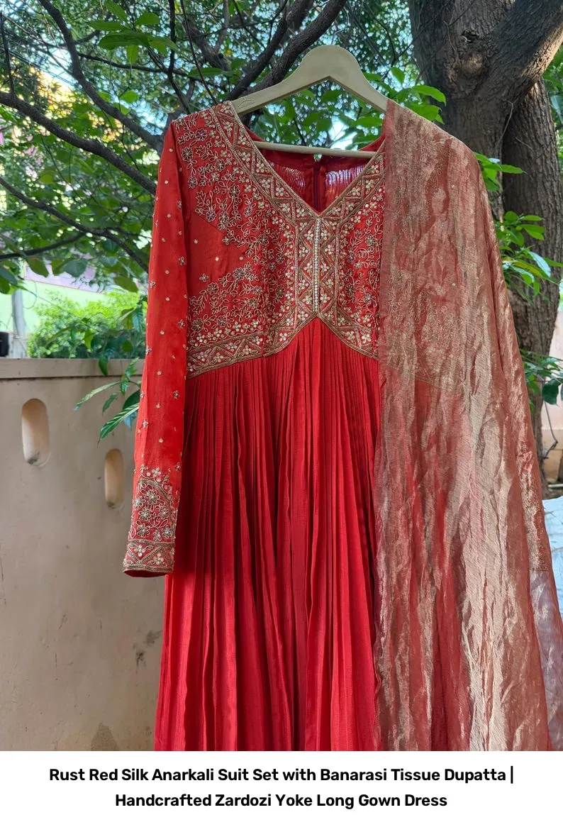 Rust Red Silk Anarkali Suit Set with Banarasi Tissue Dupatta | Handcrafted Zardozi Yoke Long Gown Dress 4