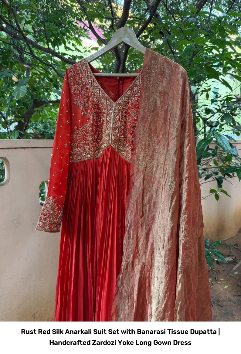 Rust Red Silk Anarkali Suit Set with Banarasi Tissue Dupatta | Handcrafted Zardozi Yoke Long Gown Dress 5