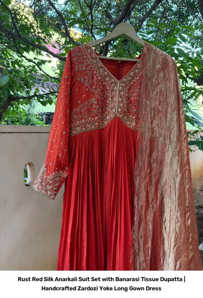 Rust Red Silk Anarkali Suit Set with Banarasi Tissue Dupatta | Handcrafted Zardozi Yoke Long Gown Dress 6