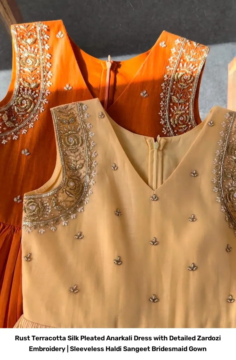 Rust Terracotta Silk Pleated Anarkali Dress with Detailed Zardozi Embroidery | Sleeveless Haldi Sangeet Bridesmaid Gown 2