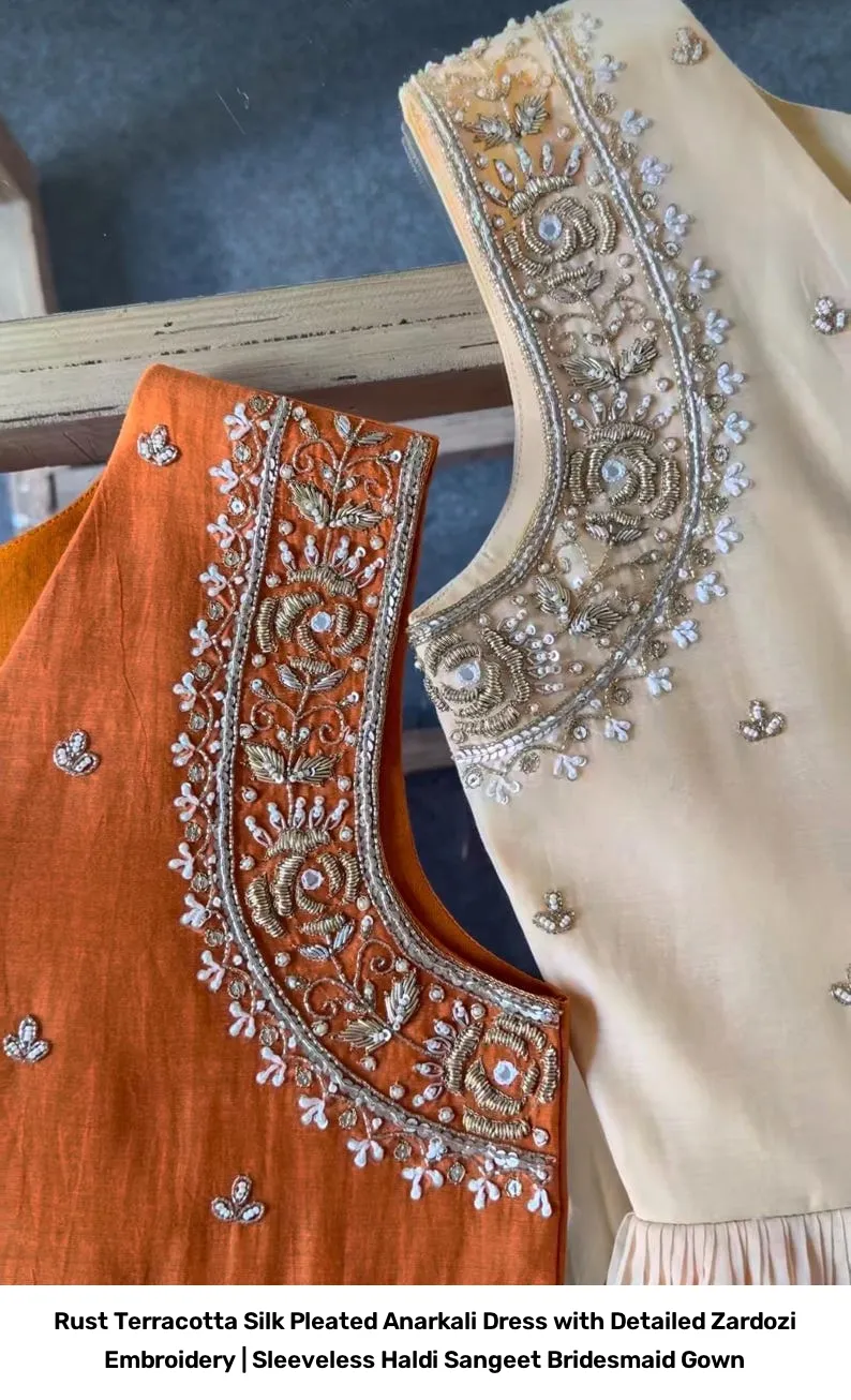 Rust Terracotta Silk Pleated Anarkali Dress with Detailed Zardozi Embroidery | Sleeveless Haldi Sangeet Bridesmaid Gown 3