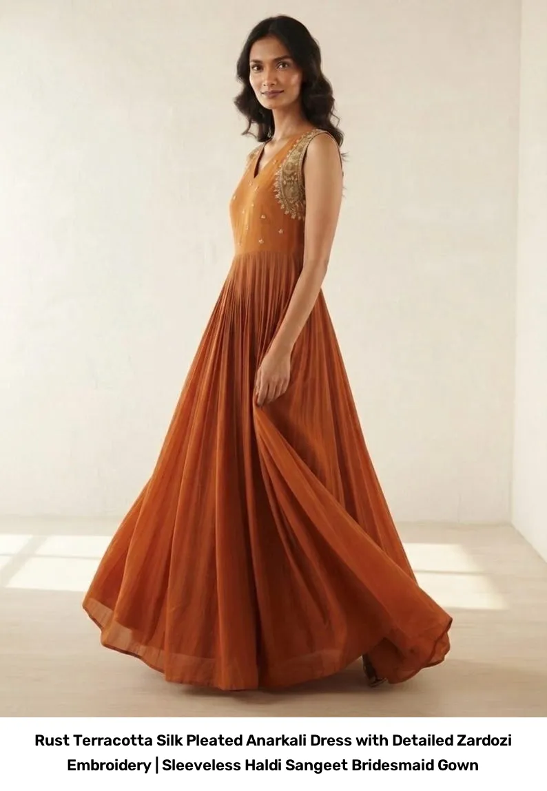Rust Terracotta Silk Pleated Anarkali Dress with Detailed Zardozi Embroidery | Sleeveless Haldi Sangeet Bridesmaid Gown 4