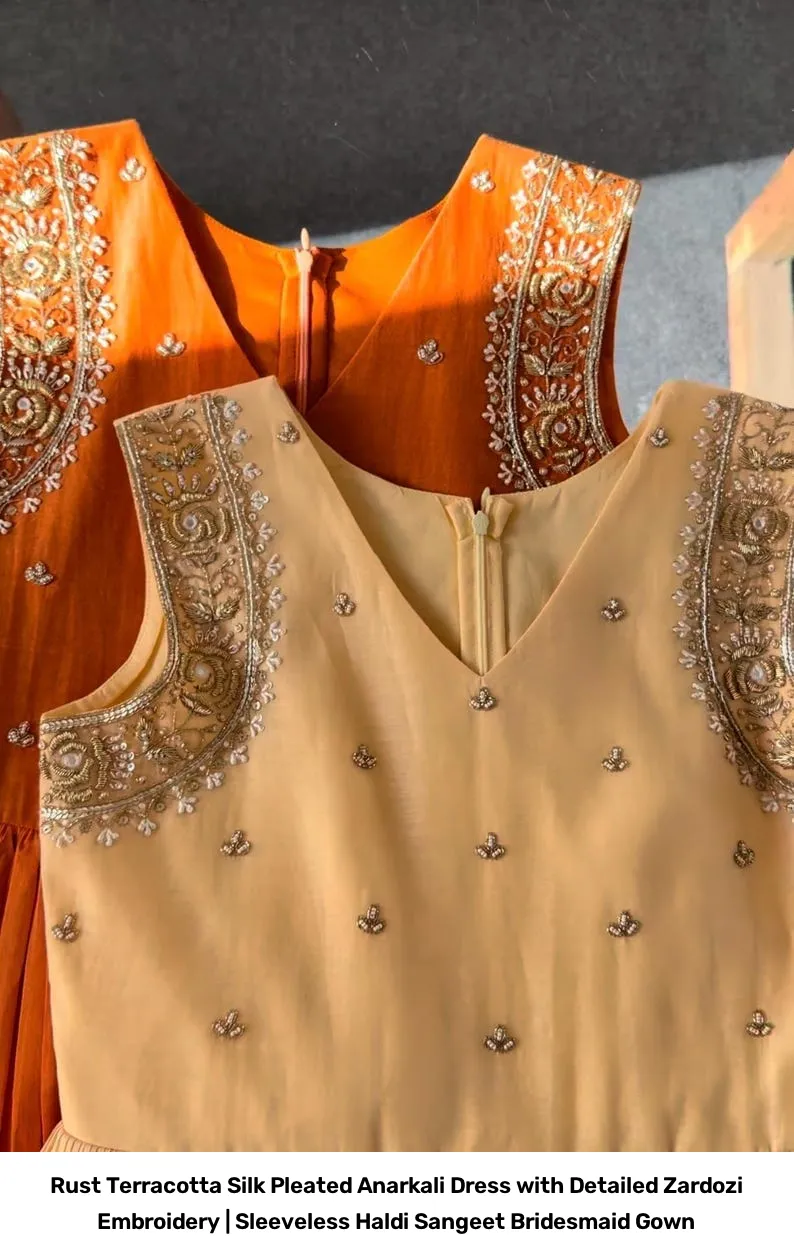 Rust Terracotta Silk Pleated Anarkali Dress with Detailed Zardozi Embroidery | Sleeveless Haldi Sangeet Bridesmaid Gown 5