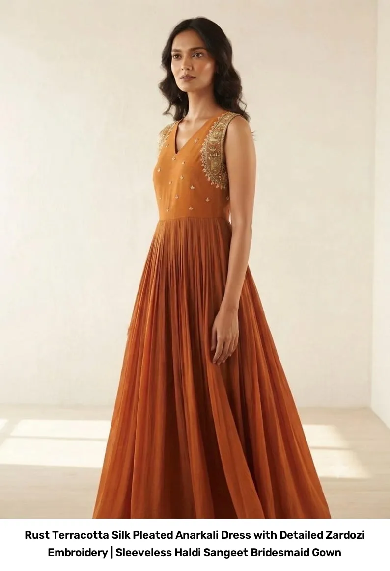 Rust Terracotta Silk Pleated Anarkali Dress with Detailed Zardozi Embroidery | Sleeveless Haldi Sangeet Bridesmaid Gown 8
