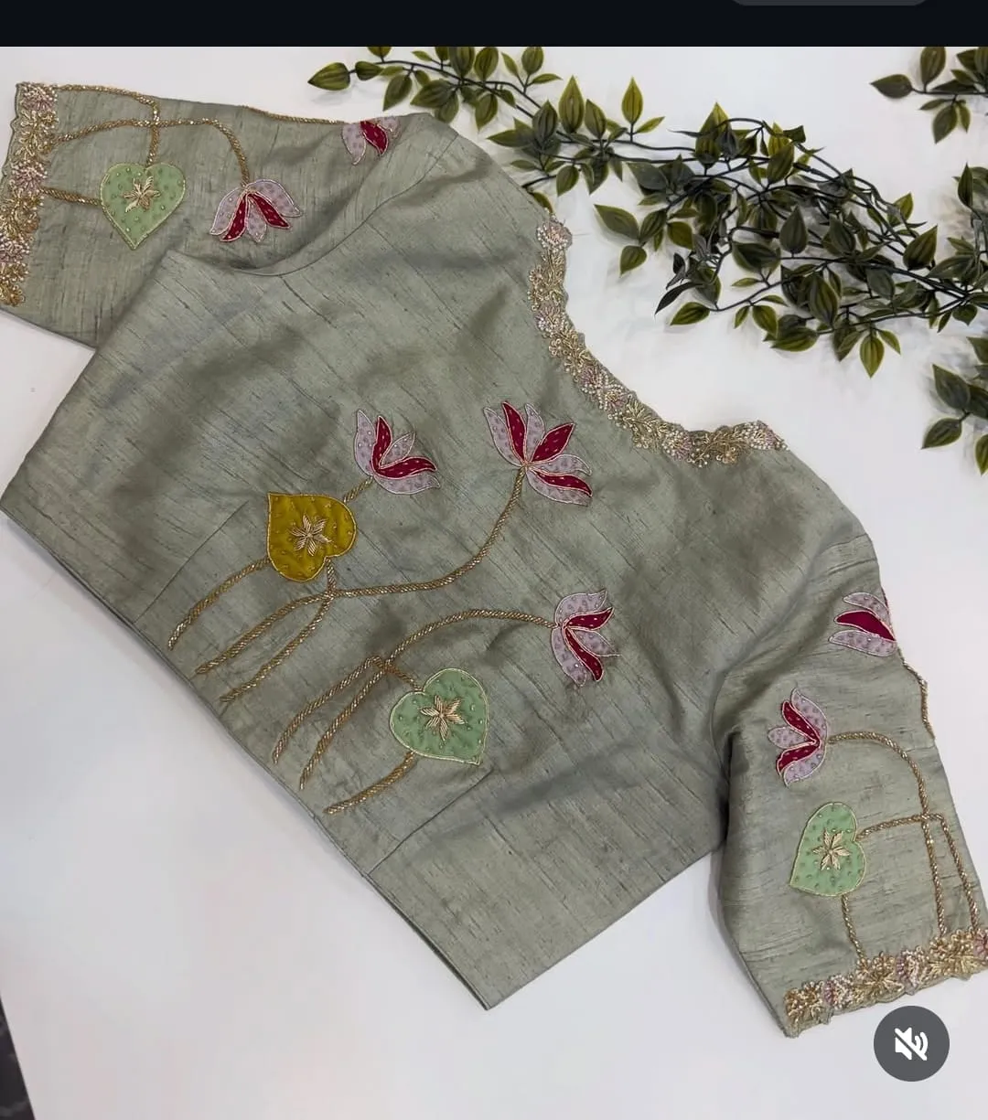 Sage Green Lotus Aari Work Blouse