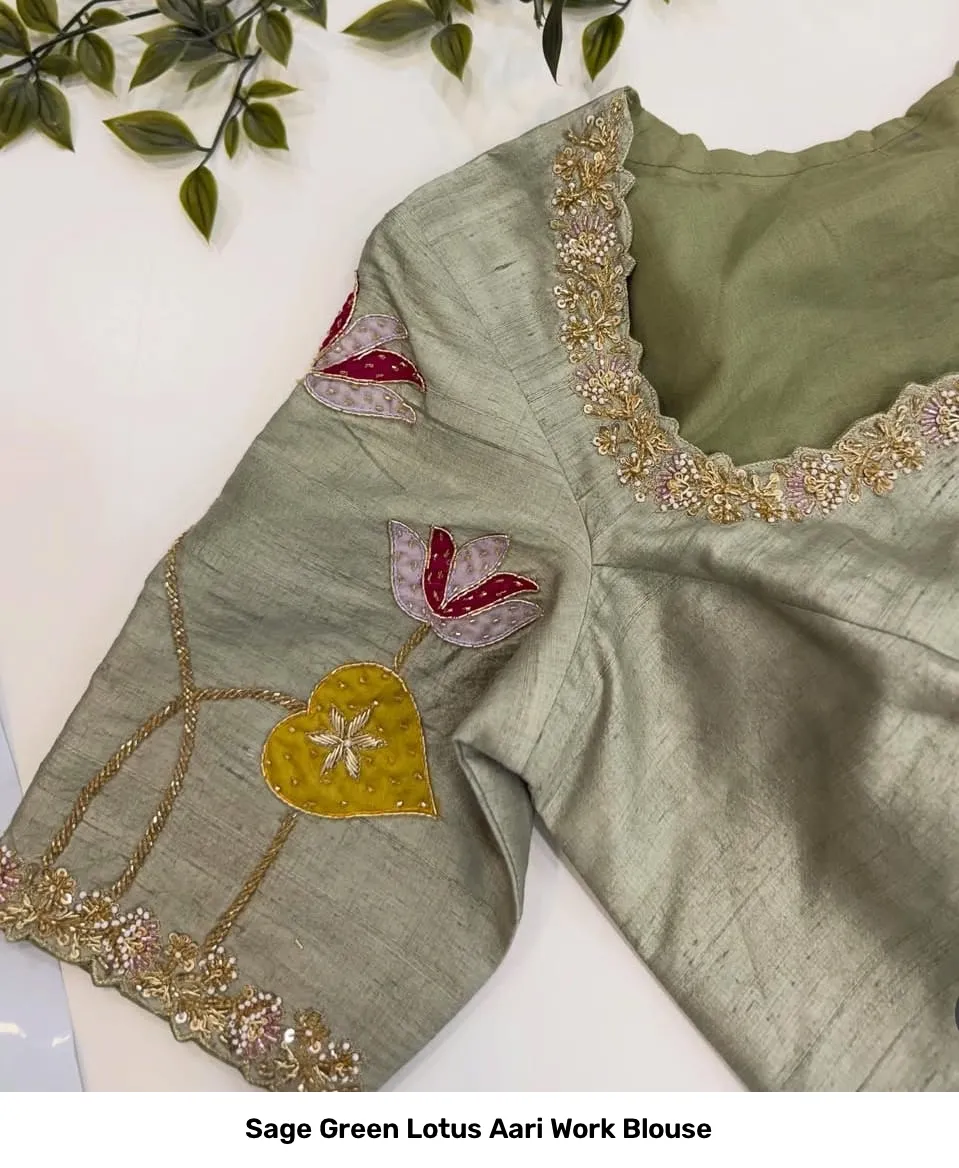 Sage Green Lotus Aari Work Blouse 2