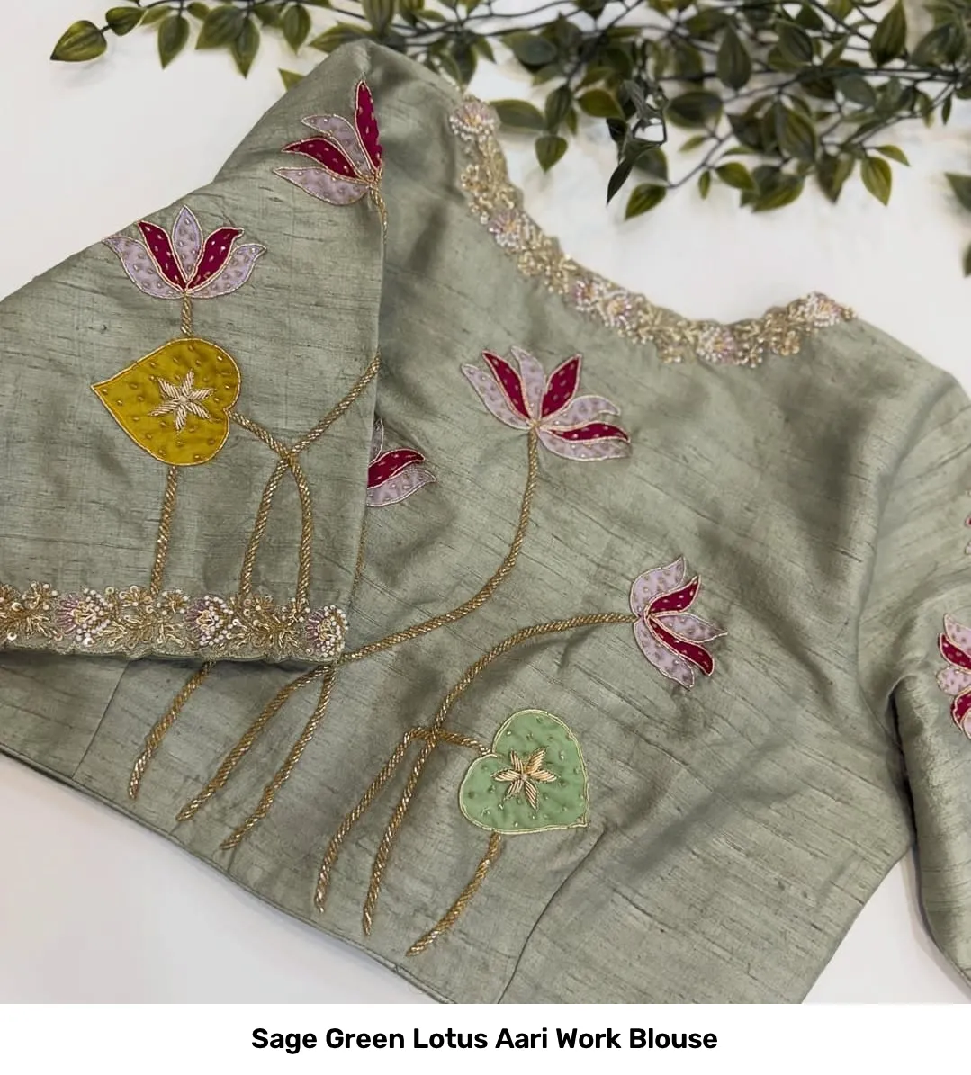 Sage Green Lotus Aari Work Blouse 3