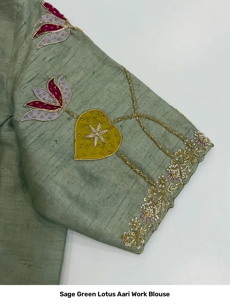 Sage Green Lotus Aari Work Blouse 4