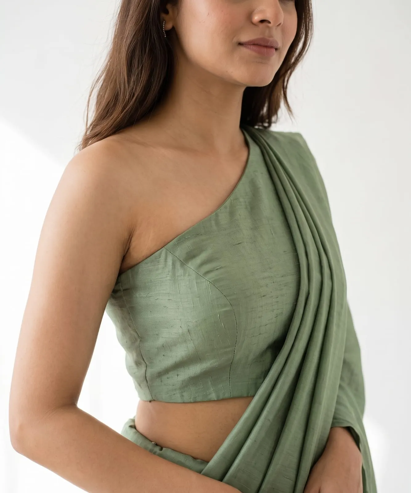 Sage Green One Shoulder Raw Silk Saree Blouse