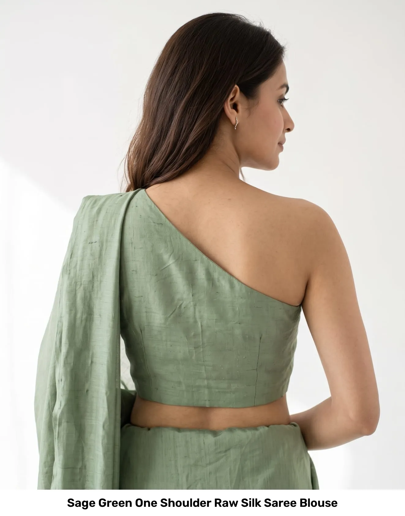 Sage Green One Shoulder Raw Silk Saree Blouse 2