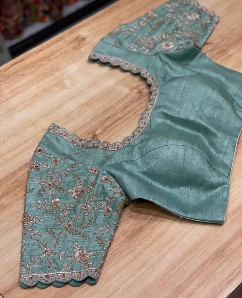 Sage Green Raw Silk Maggam Work Blouse | Scalloped Cutwork Neck & Heavy Floral Zardozi Sleeves Saree Blouse