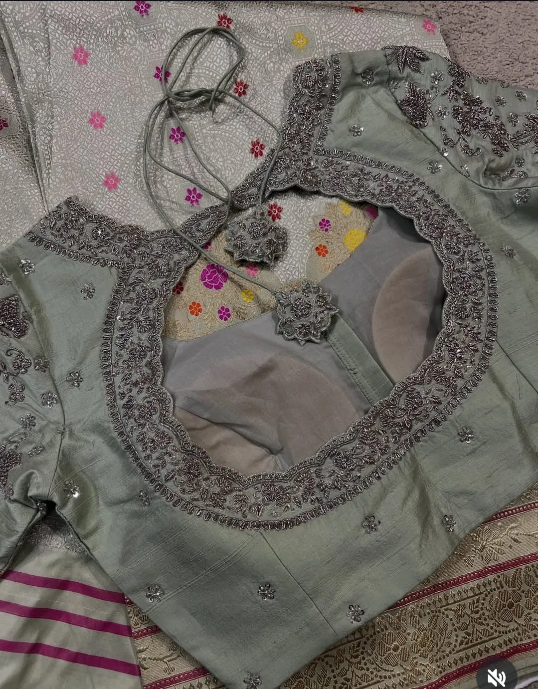 Sage Mint Green Raw Silk Saree Blouse | Scalloped Keyhole Back with Zardozi Work Sleeves & Lotus Latkans