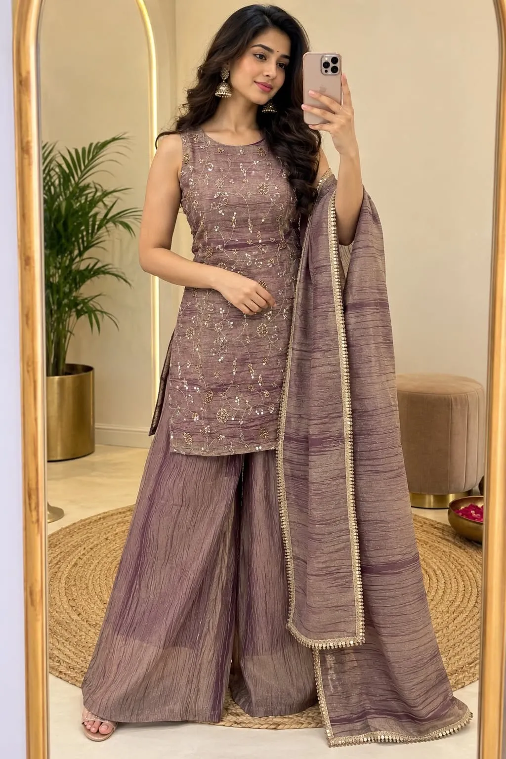 Salsa Tissue Sleeveless Kurti with Sharara Pants & Dupatta Set | Women Hand Embroidered Beadwork Festive Sharara Suit (Sizes S to XL)