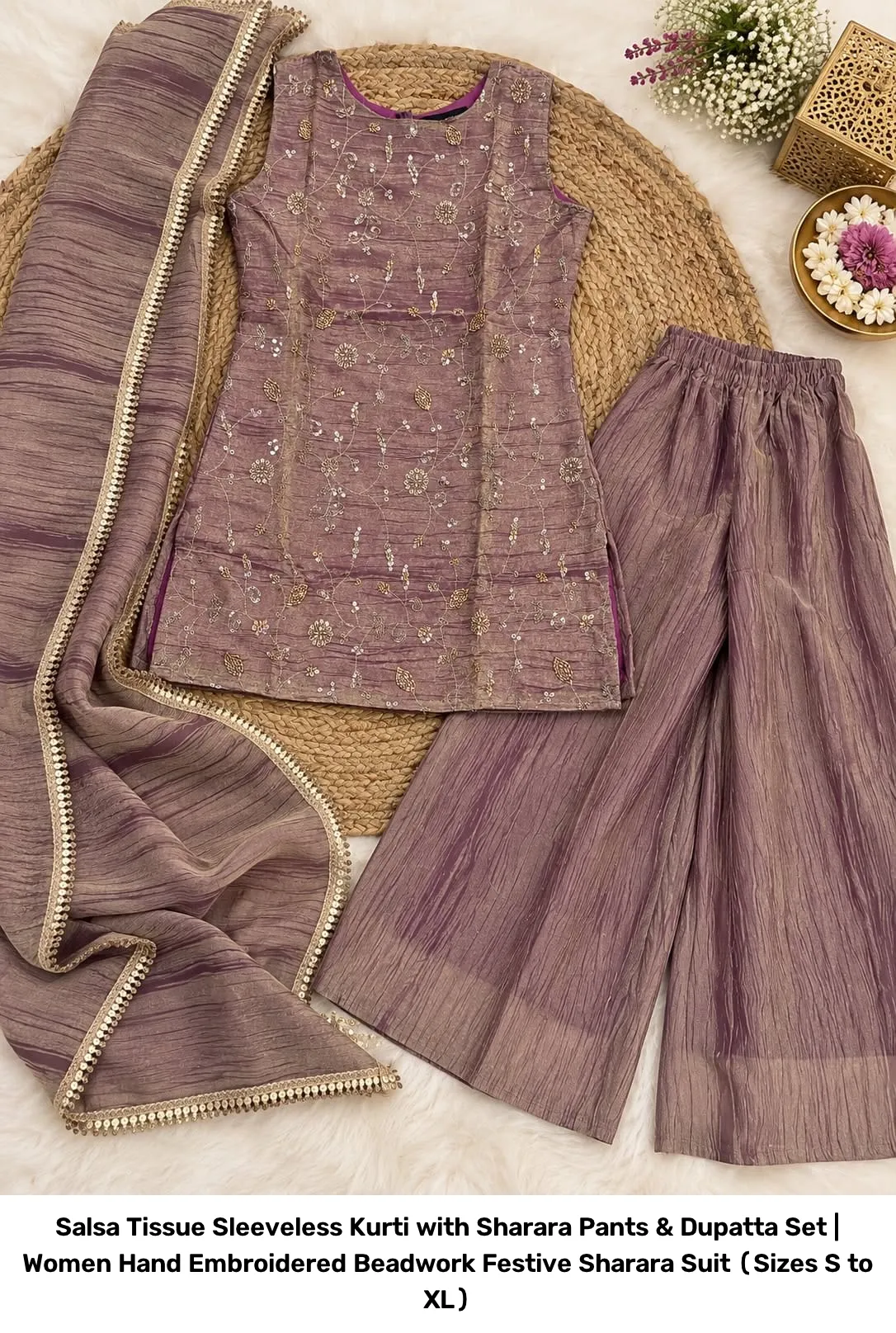 Salsa Tissue Sleeveless Kurti with Sharara Pants & Dupatta Set | Women Hand Embroidered Beadwork Festive Sharara Suit (Sizes S to XL) 2