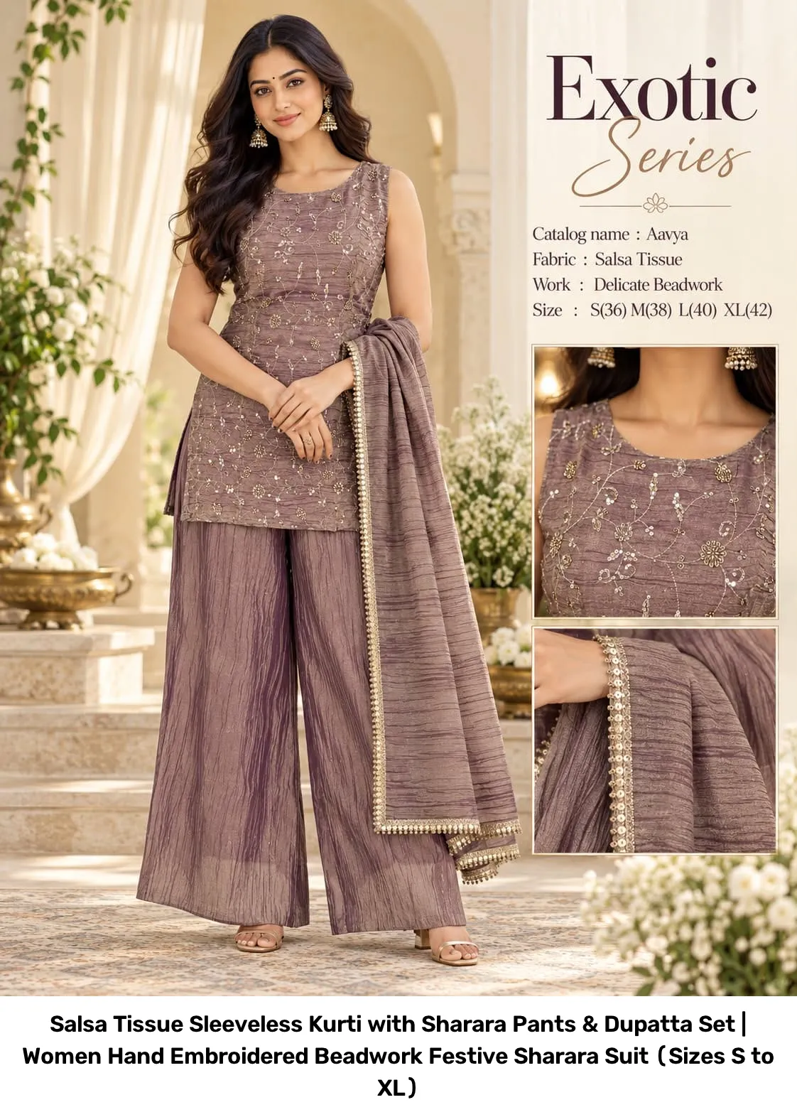Salsa Tissue Sleeveless Kurti with Sharara Pants & Dupatta Set | Women Hand Embroidered Beadwork Festive Sharara Suit (Sizes S to XL) 3