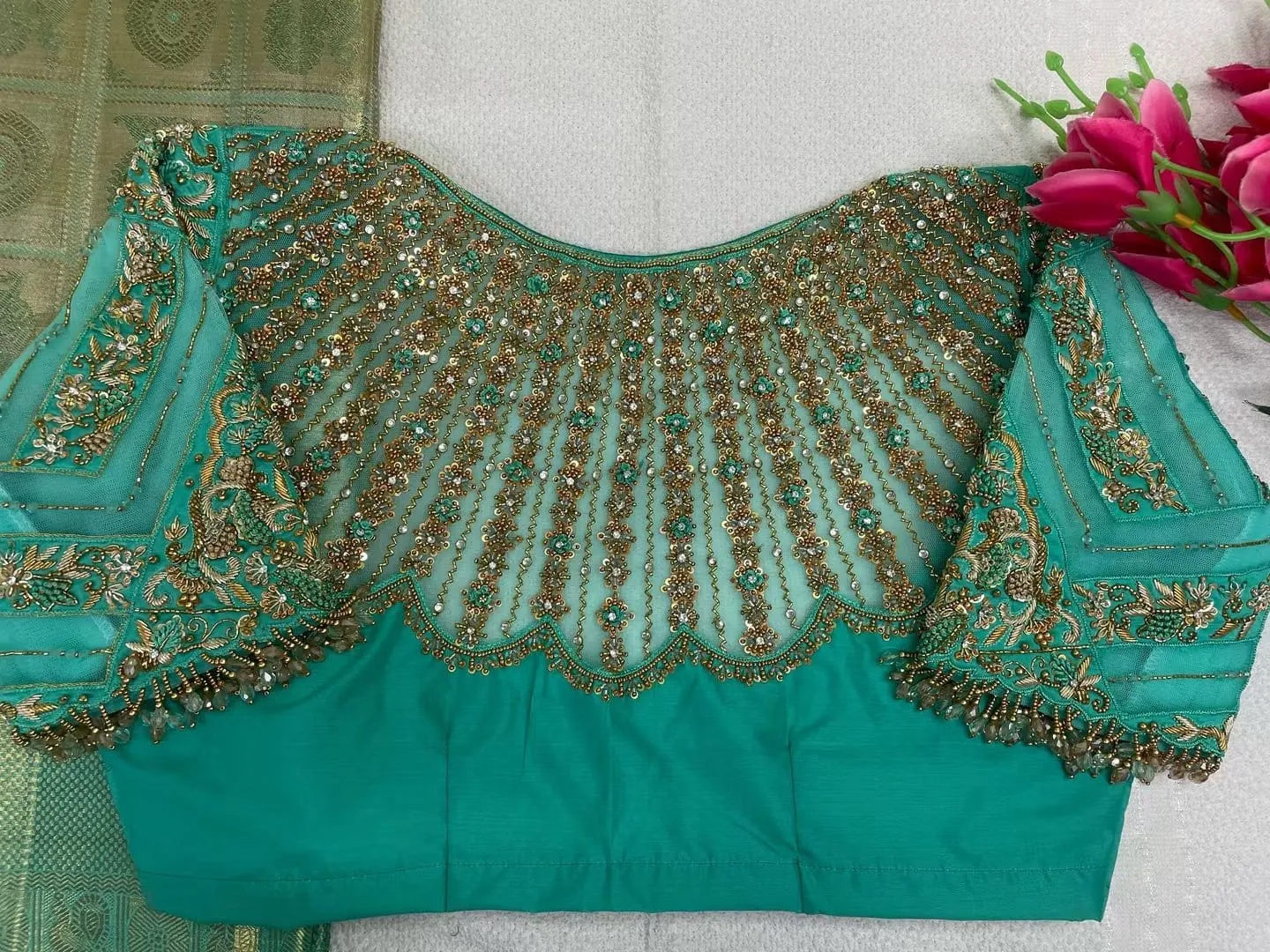 Sea Green Heavy Maggam Work Blouse | Sheer Net Illusion Boat Neck Bridal Saree Blouse with Bead Tassels