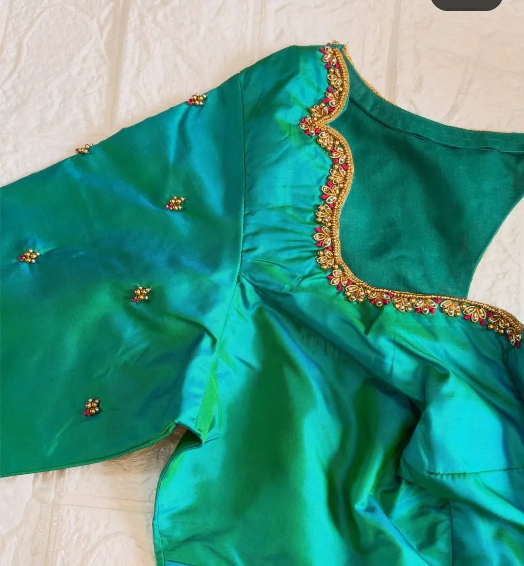 Sea Green Raw Silk Blouse with Back Cutout & Handcrafted Aari Work
