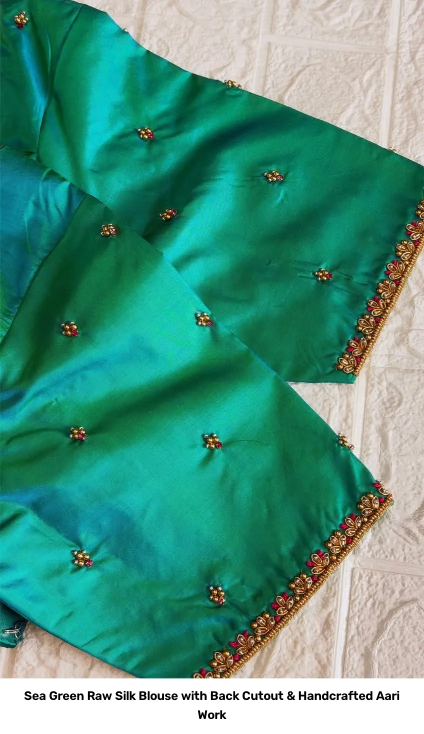 Sea Green Raw Silk Blouse with Back Cutout & Handcrafted Aari Work 2