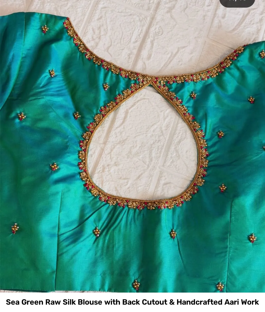 Sea Green Raw Silk Blouse with Back Cutout & Handcrafted Aari Work 3