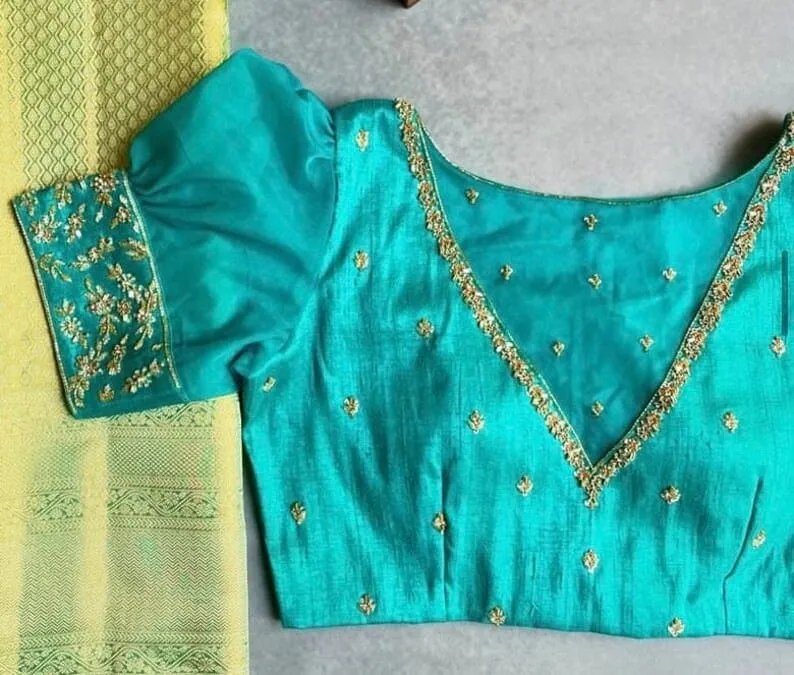 Sea Green Silk Saree Blouse with Organza Puff Sleeves | Handcrafted Aari Maggam Work Readymade Blouse