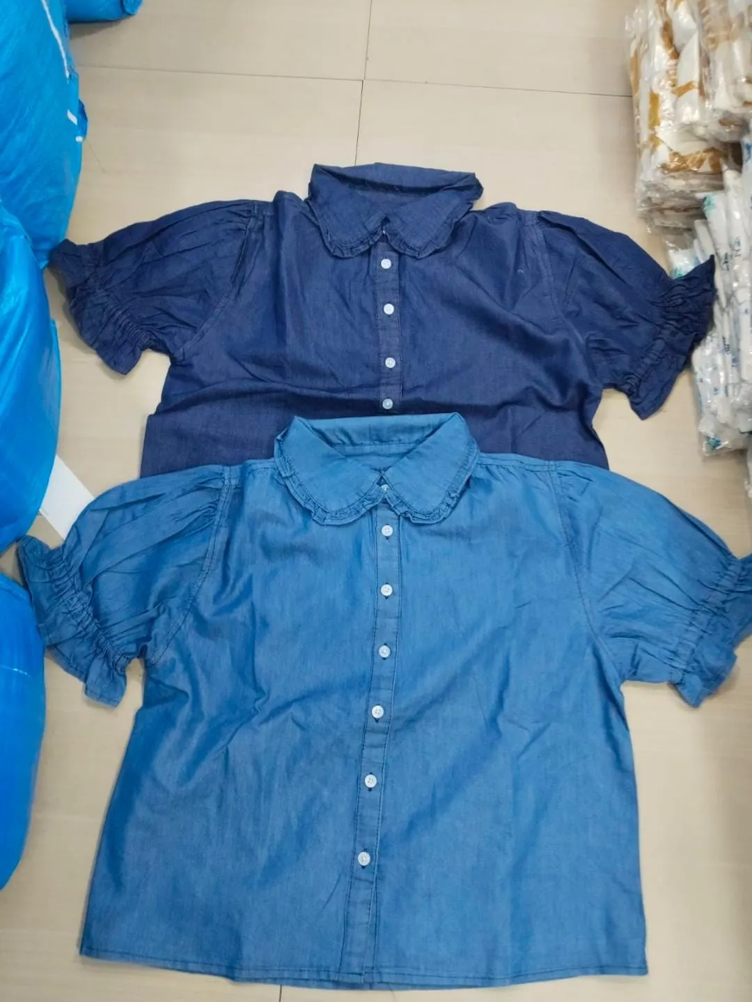 Silky Denim Peter Pan Collar Frill Top for Women – Short Puff Sleeve Button-Down Crop Shirt | Plus Size Casual Denim Blouse (XXL & 4XL)