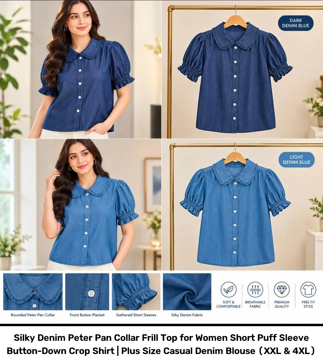 Silky Denim Peter Pan Collar Frill Top for Women – Short Puff Sleeve Button-Down Crop Shirt | Plus Size Casual Denim Blouse (XXL & 4XL) 2