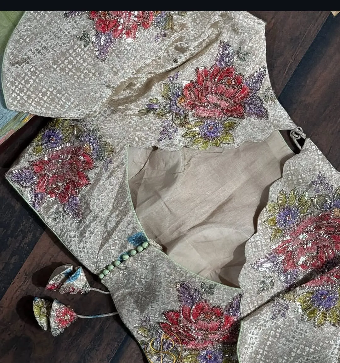 Silver Brocade Maggam Blouse Scallop Cutout Floral Back
