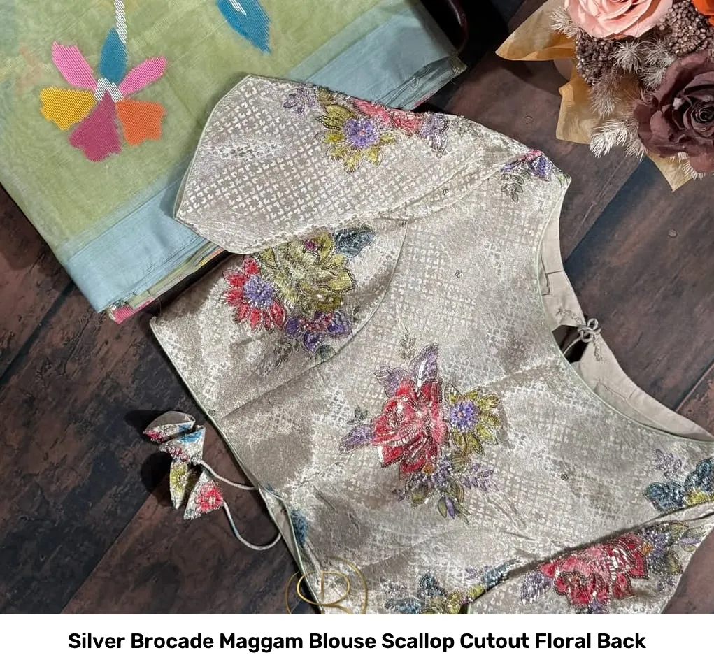 Silver Brocade Maggam Blouse Scallop Cutout Floral Back 2