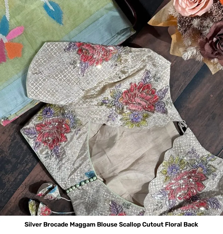 Silver Brocade Maggam Blouse Scallop Cutout Floral Back 3