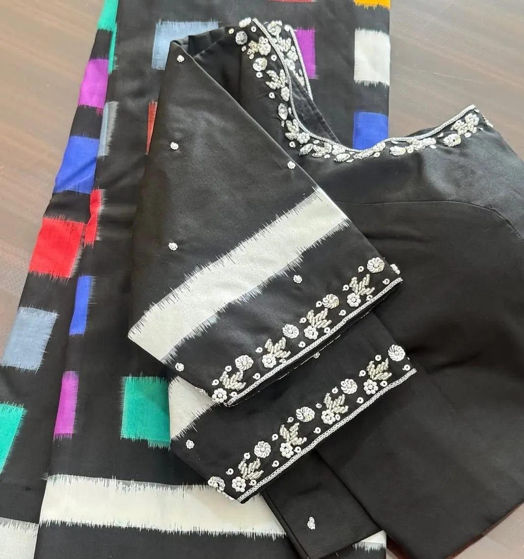Silver Hand Embroidered Black Blouse | Pochampally Ikat Border Sleeves | Sequin Floral Neckline | Ready to Wear Saree Blouse 1