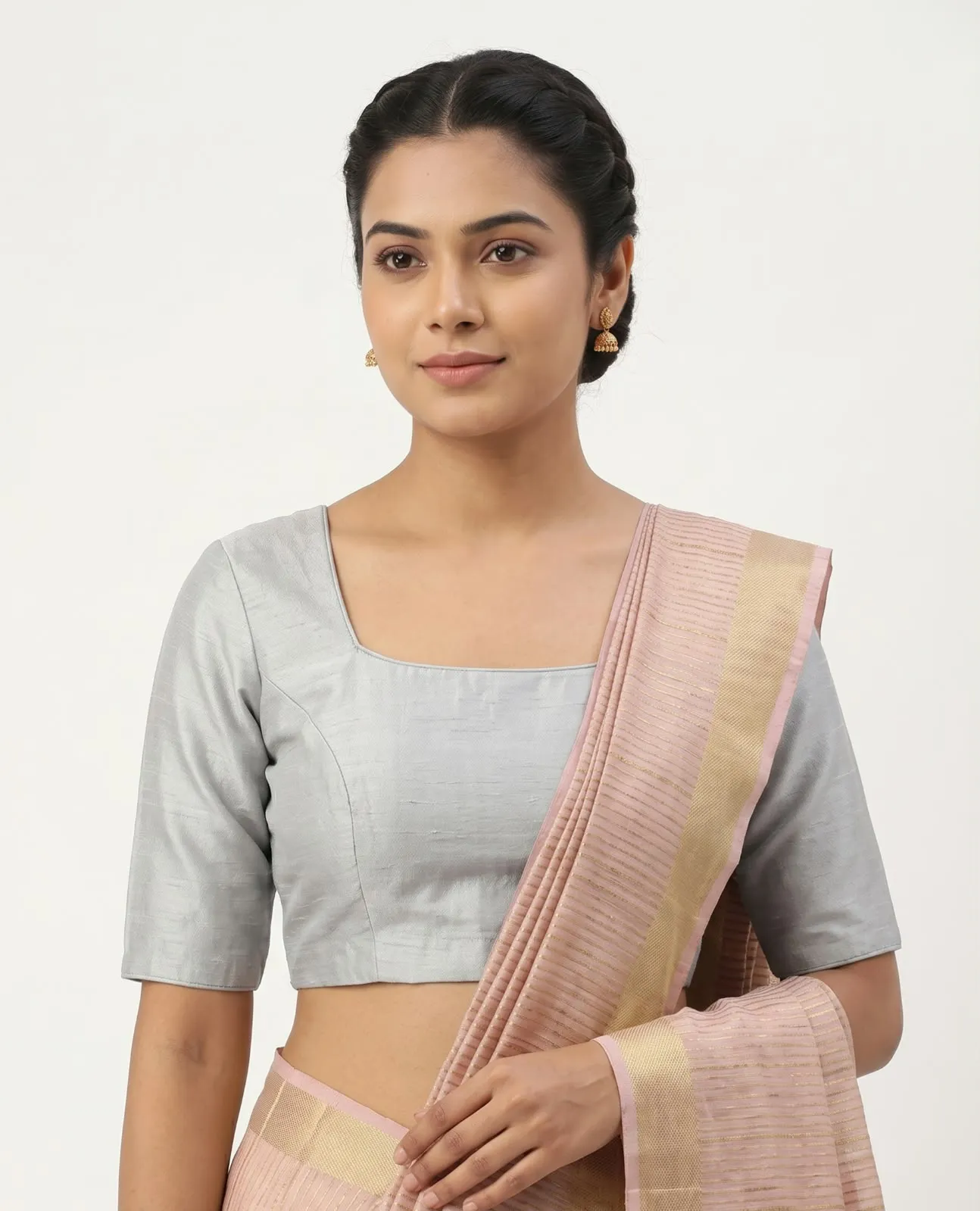 Silver Raw Silk Blouse with Cut Out Tie-Up Back