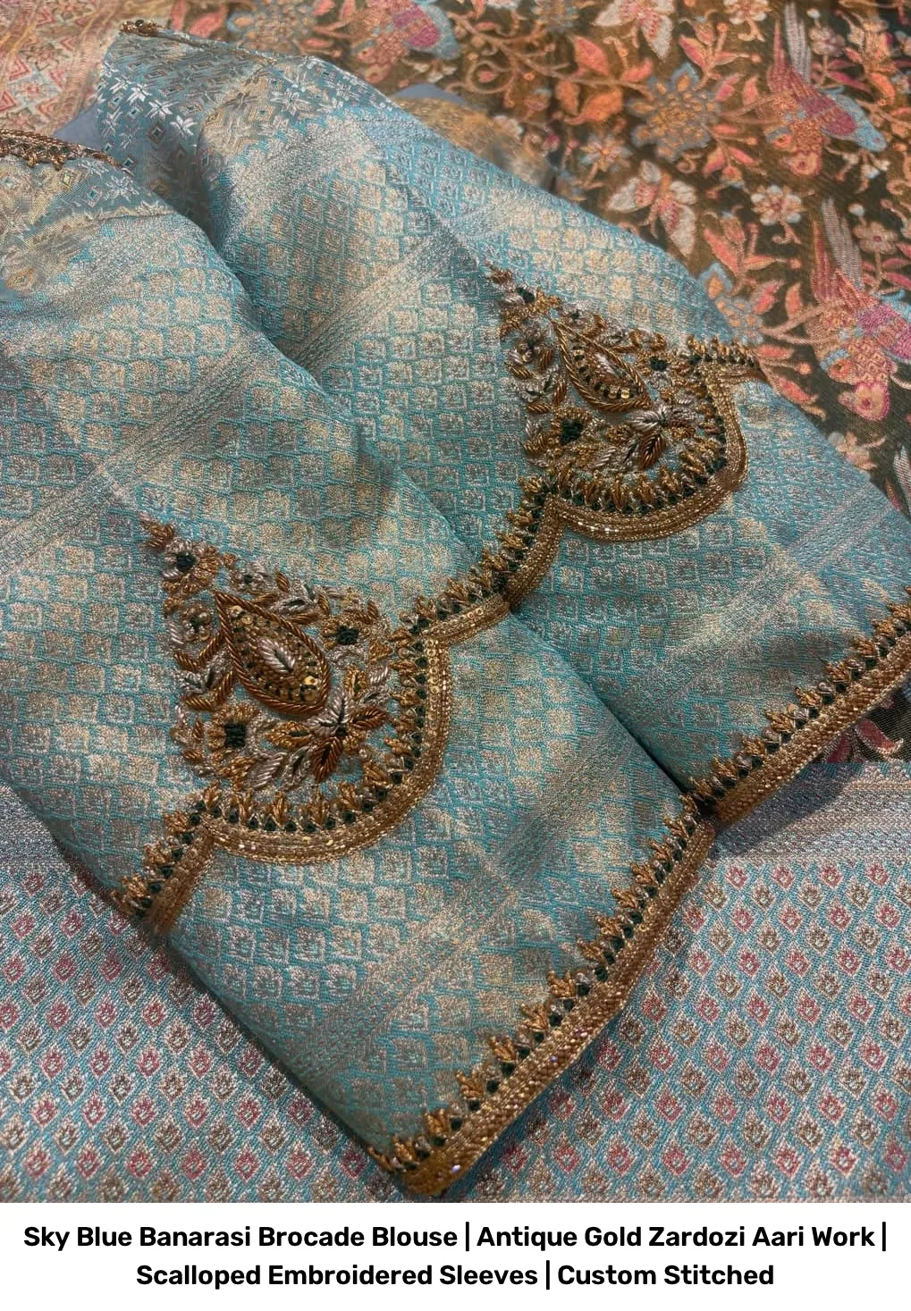 Sky Blue Banarasi Brocade Blouse | Antique Gold Zardozi Aari Work | Scalloped Embroidered Sleeves | Custom Stitched 2