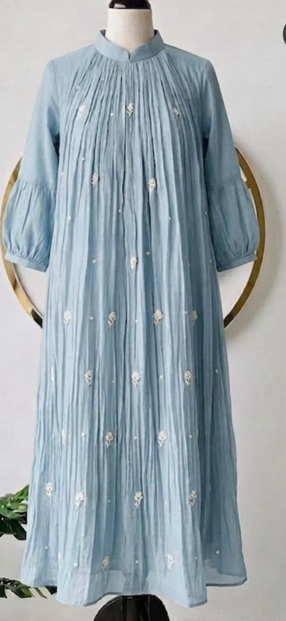 Sky Blue Crinkle Embroidered Long Frock