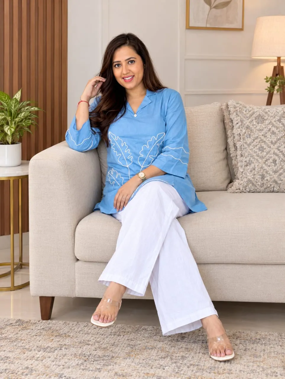 Sky Blue Embroidered Cotton Slub Co-Ord Set for Women – Collar Neck Short Kurti with White Trousers | Daily & Office Wear Ethnic 2-Piece Set