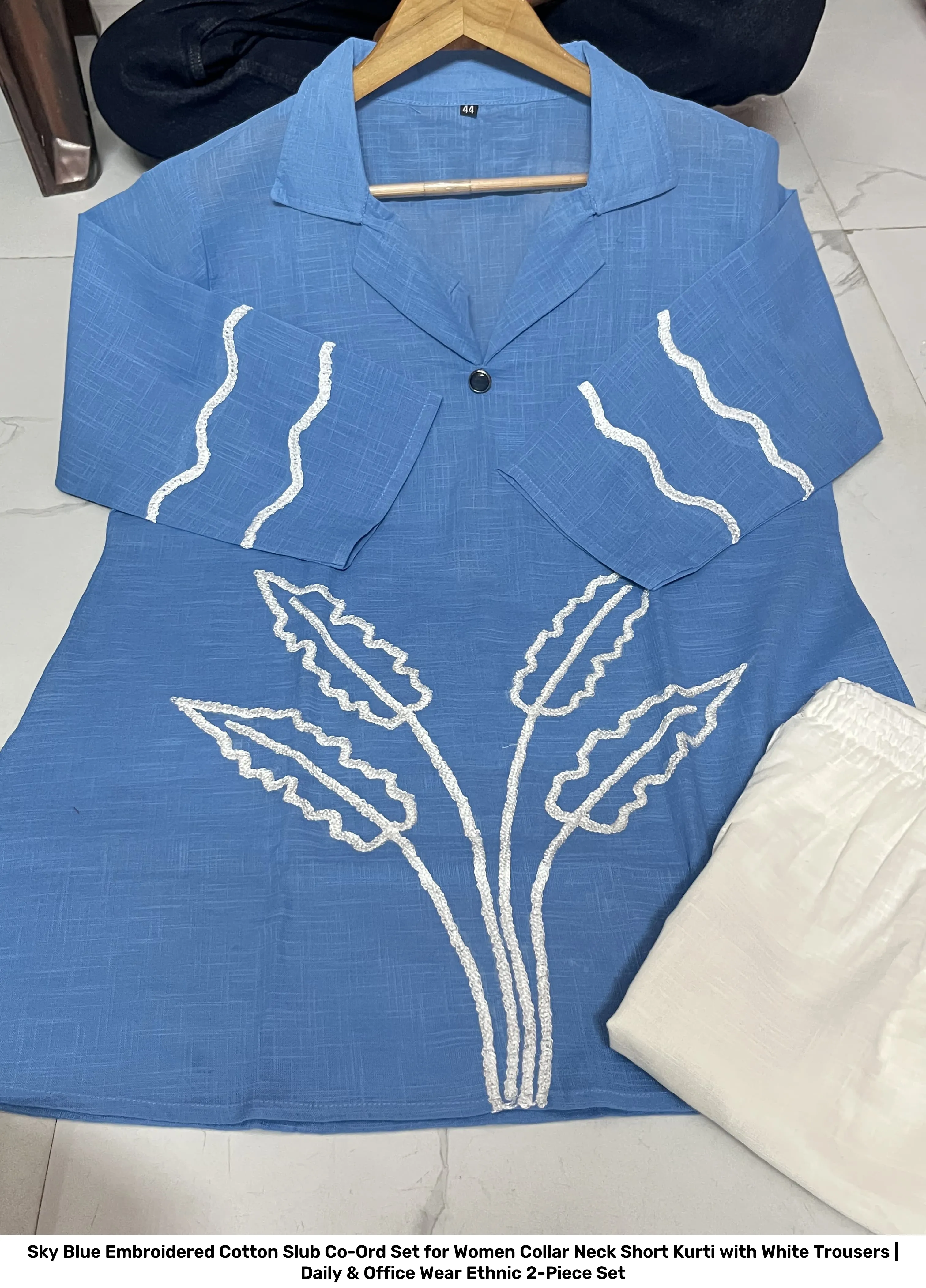Sky Blue Embroidered Cotton Slub Co-Ord Set for Women – Collar Neck Short Kurti with White Trousers | Daily & Office Wear Ethnic 2-Piece Set 3