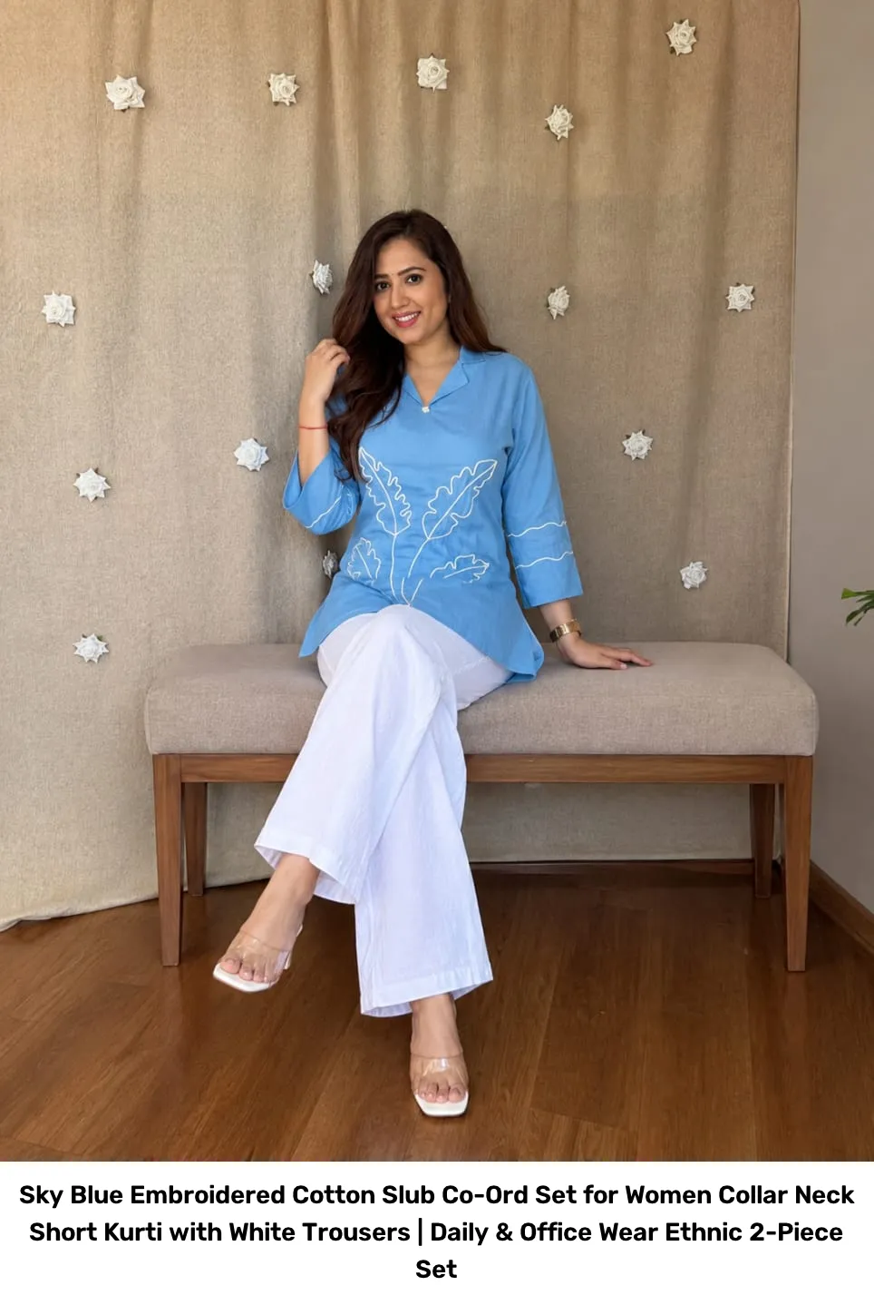 Sky Blue Embroidered Cotton Slub Co-Ord Set for Women – Collar Neck Short Kurti with White Trousers | Daily & Office Wear Ethnic 2-Piece Set 4