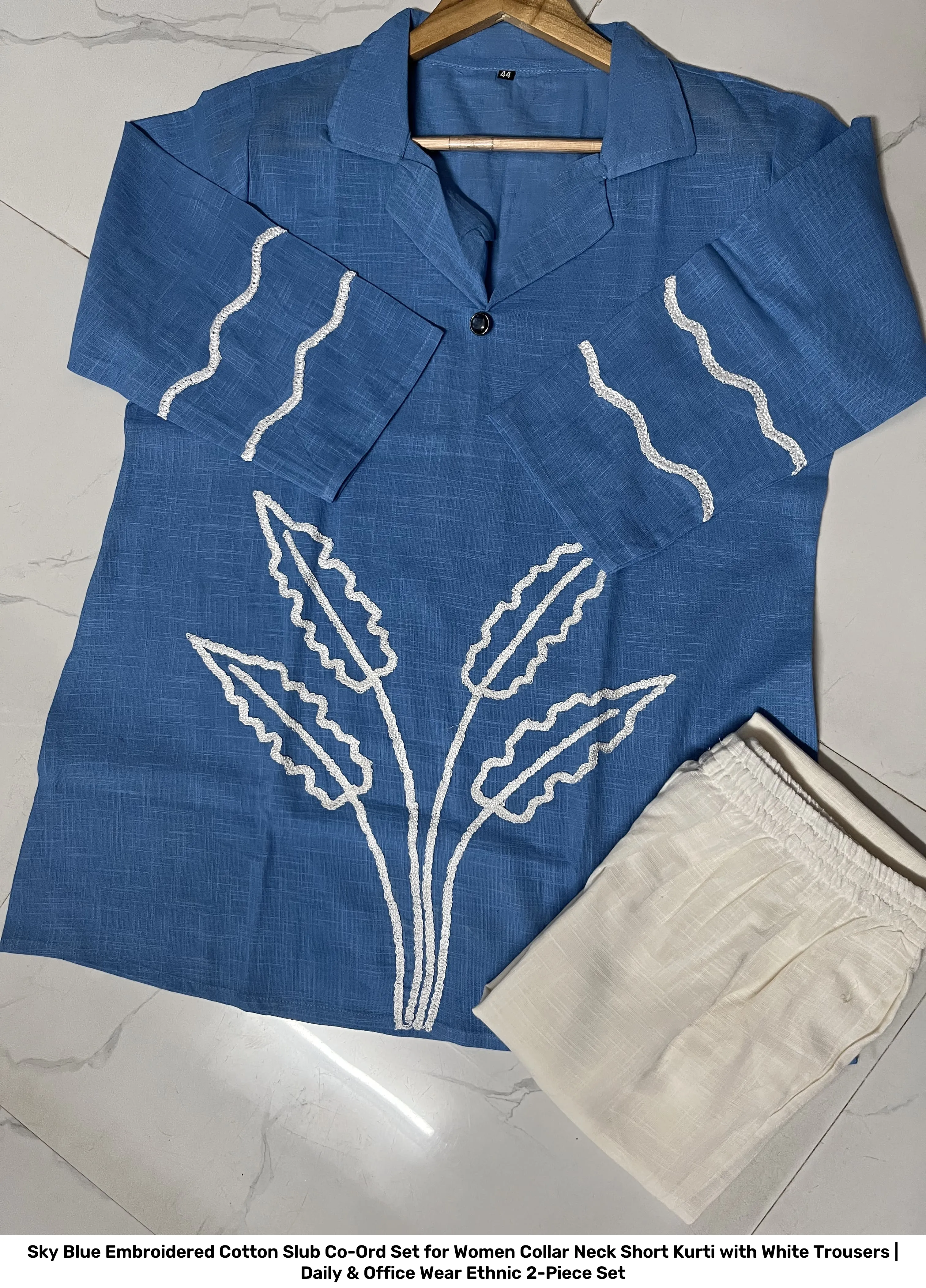 Sky Blue Embroidered Cotton Slub Co-Ord Set for Women – Collar Neck Short Kurti with White Trousers | Daily & Office Wear Ethnic 2-Piece Set 5