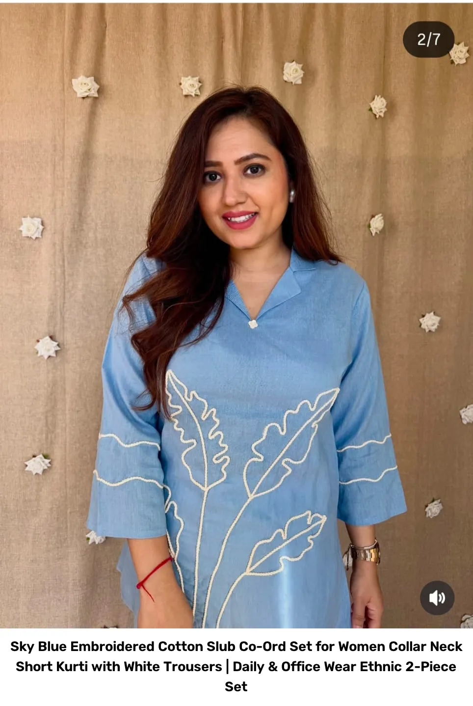 Sky Blue Embroidered Cotton Slub Co-Ord Set for Women – Collar Neck Short Kurti with White Trousers | Daily & Office Wear Ethnic 2-Piece Set 6