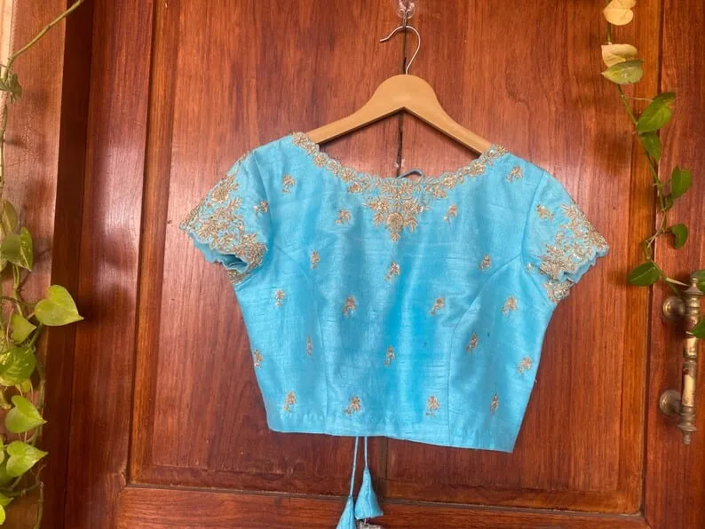 Sky Blue Raw Silk Maggam Work Blouse | Scalloped Cutwork Round Back Cutout Saree Blouse with Dori Tassels