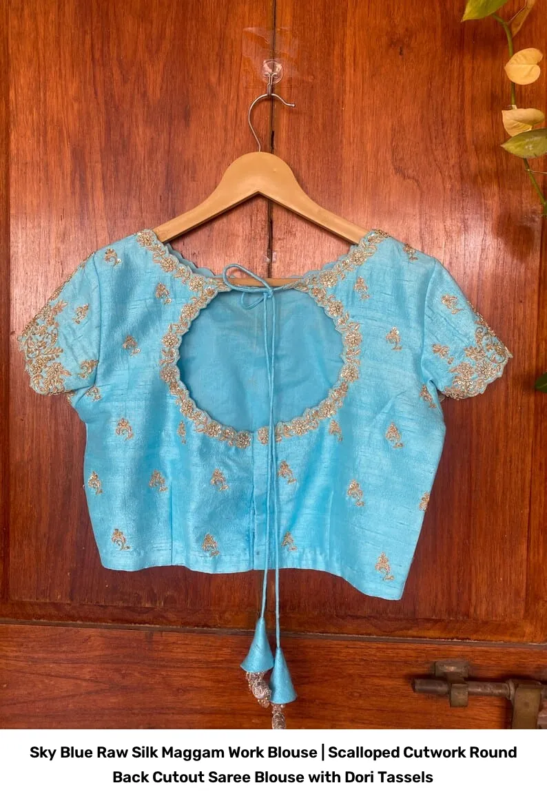 Sky Blue Raw Silk Maggam Work Blouse | Scalloped Cutwork Round Back Cutout Saree Blouse with Dori Tassels 2
