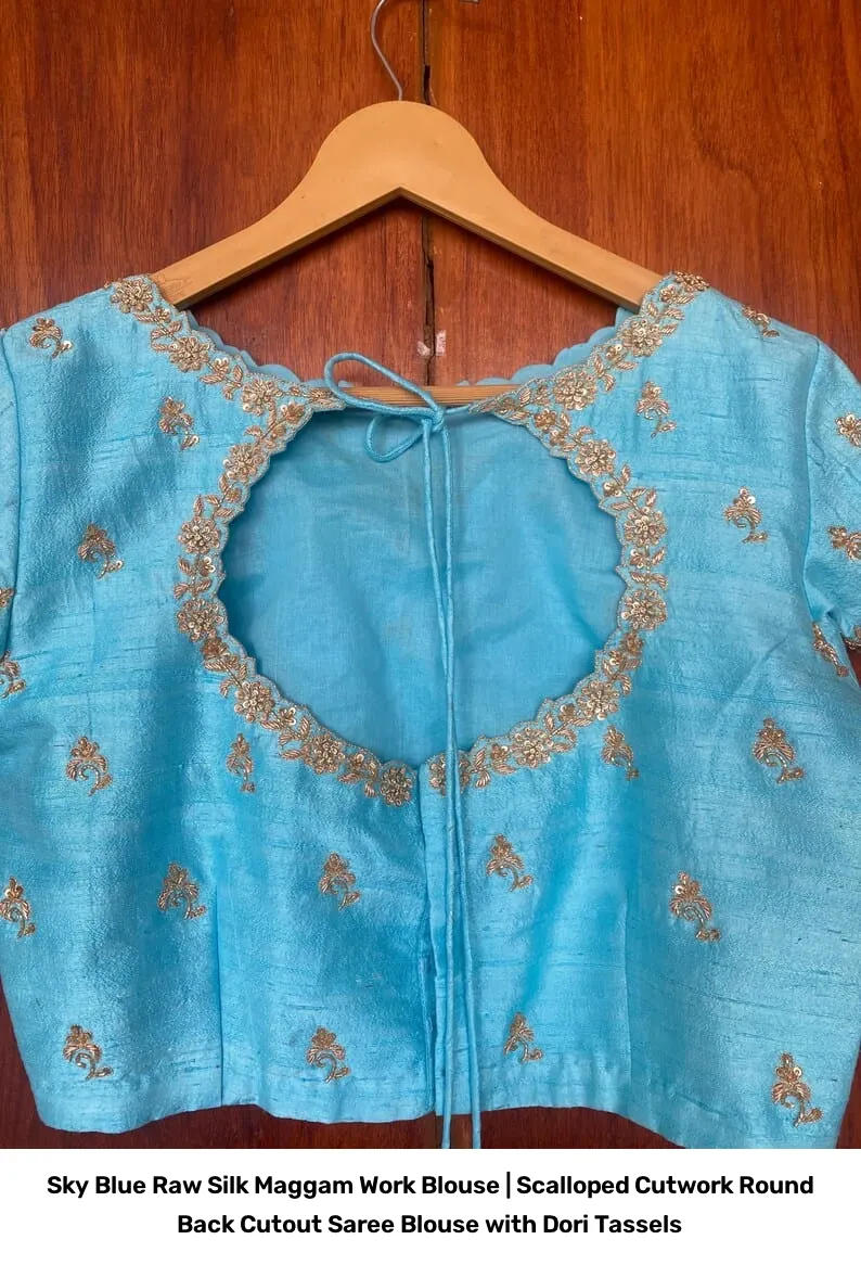 Sky Blue Raw Silk Maggam Work Blouse | Scalloped Cutwork Round Back Cutout Saree Blouse with Dori Tassels 4