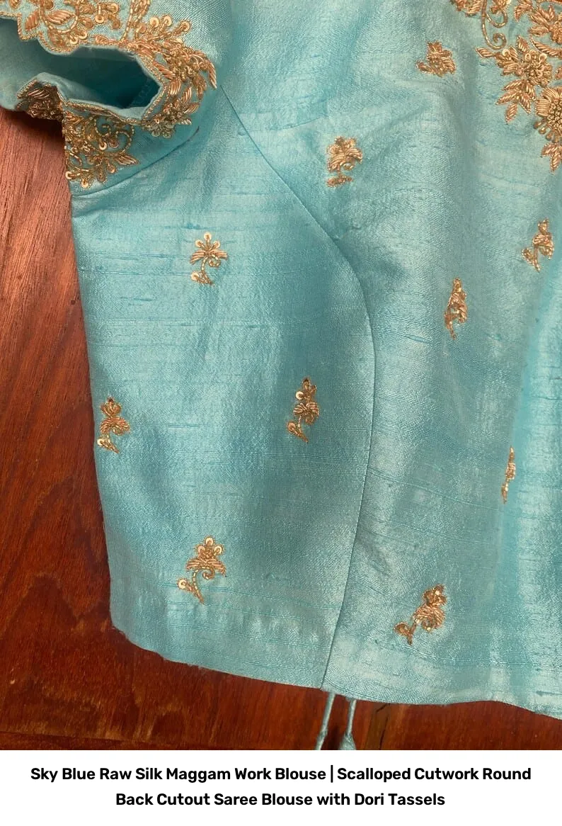 Sky Blue Raw Silk Maggam Work Blouse | Scalloped Cutwork Round Back Cutout Saree Blouse with Dori Tassels 7