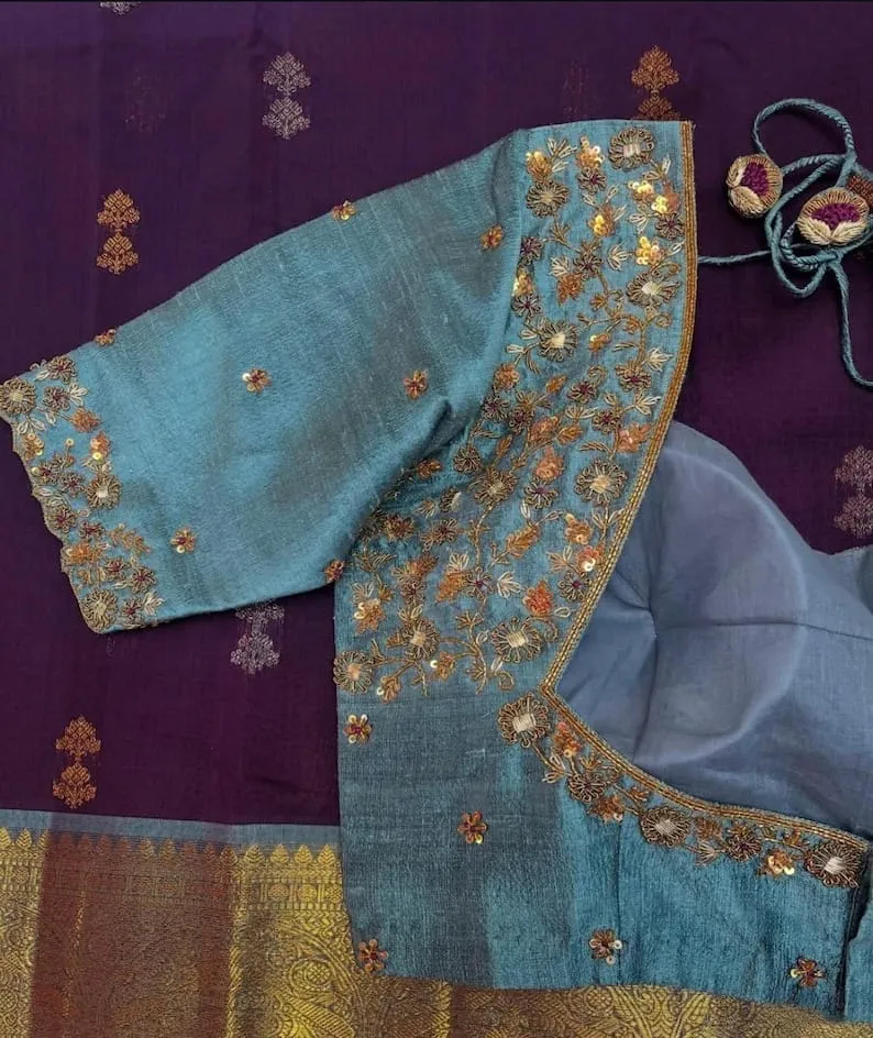 Sky Blue Raw Silk Maggam Work Blouse | Wholesale Best Price