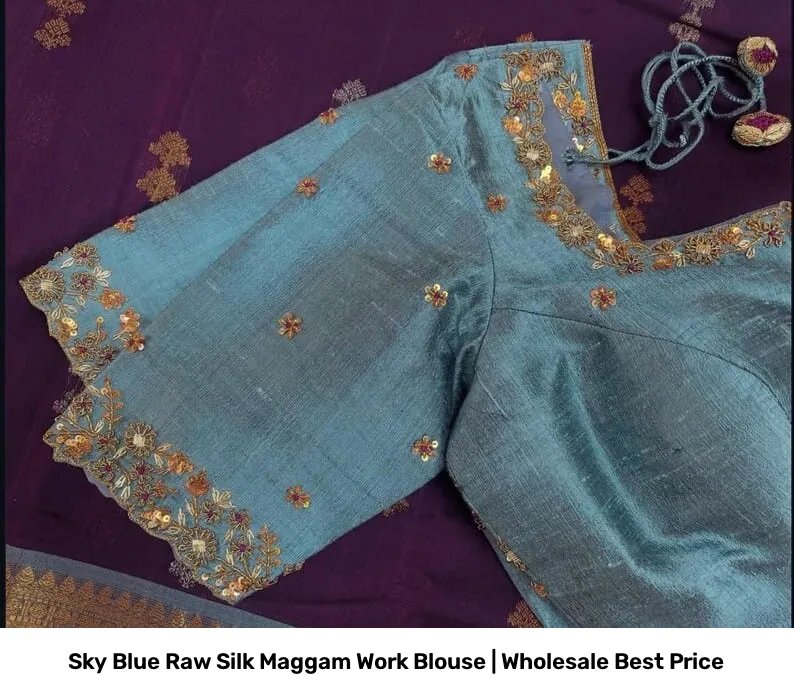Sky Blue Raw Silk Maggam Work Blouse | Wholesale Best Price 2