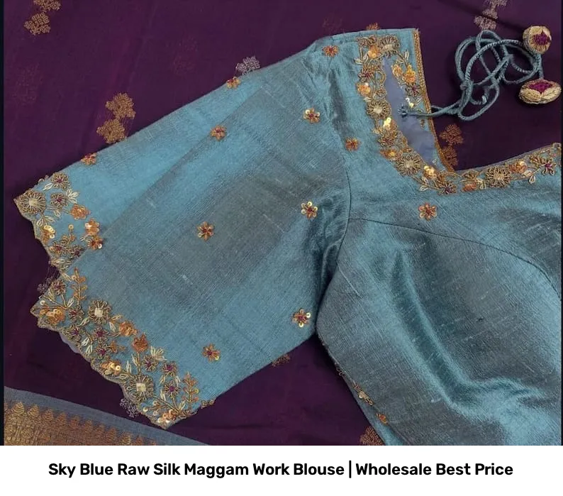 Sky Blue Raw Silk Maggam Work Blouse | Wholesale Best Price 4