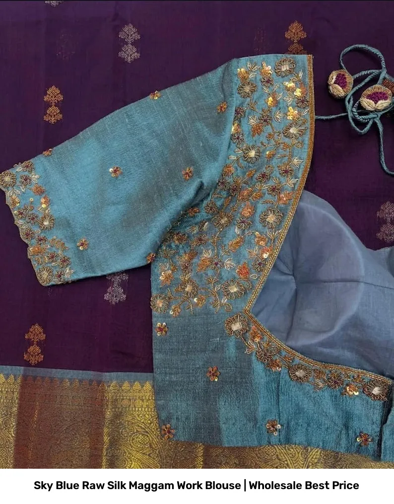 Sky Blue Raw Silk Maggam Work Blouse | Wholesale Best Price 6