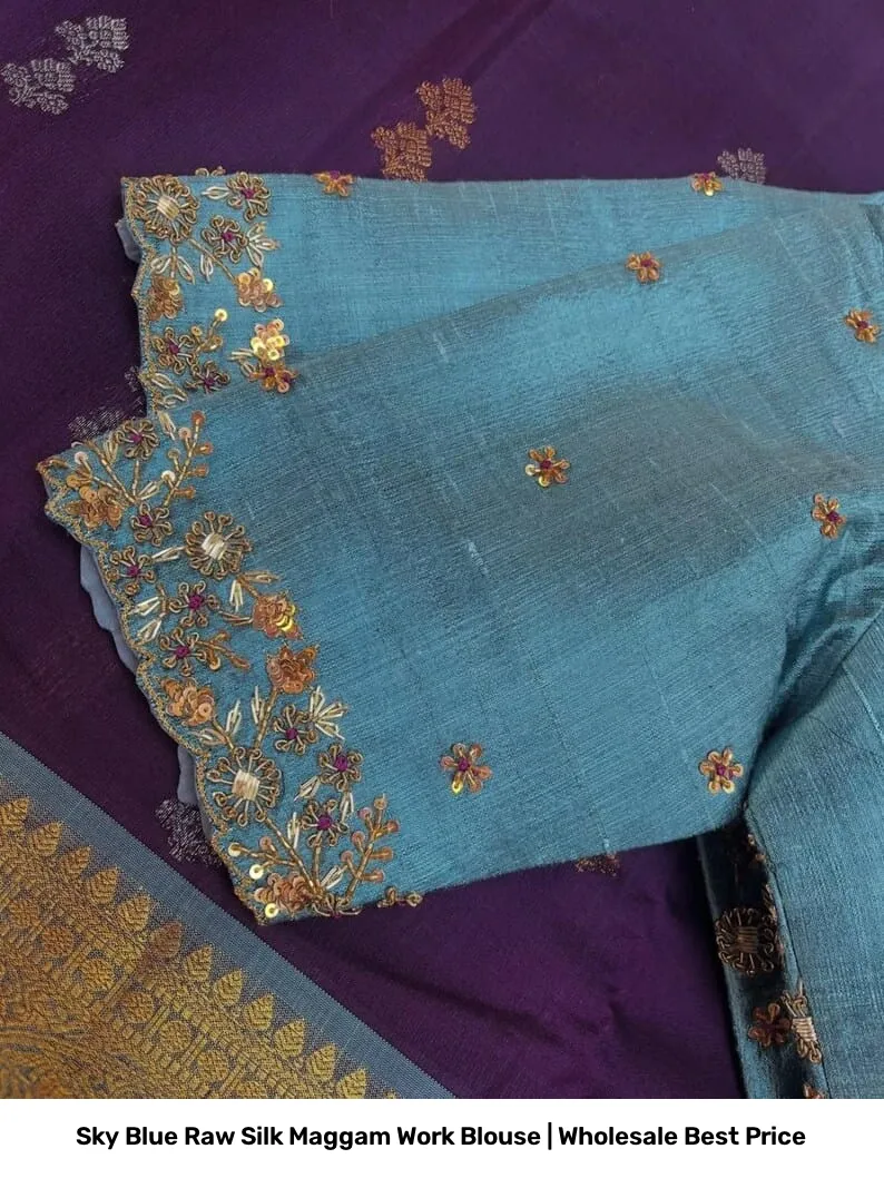 Sky Blue Raw Silk Maggam Work Blouse | Wholesale Best Price 7