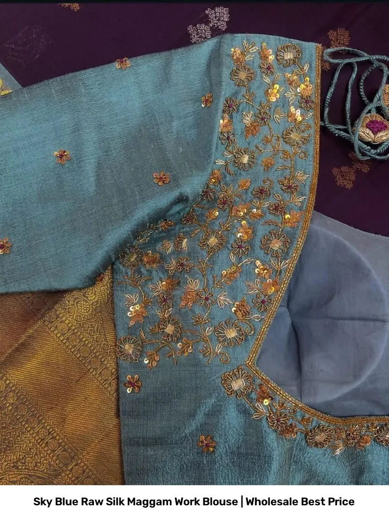 Sky Blue Raw Silk Maggam Work Blouse | Wholesale Best Price 8
